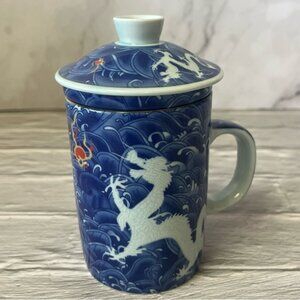 Chinese Ceramic Tea Mug With Lid And Infuser, Dragons Blue With Red Accents